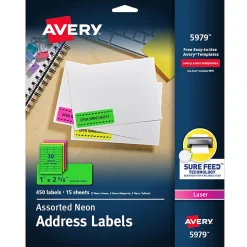 Avery Sure Feed Laser Address Labels, 1 x 2 5/8", Assorted Neon Colors, 450 Labels/Pack (5979)