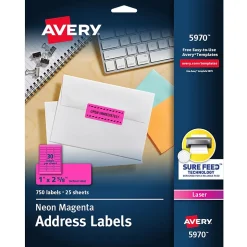 Avery Sure Feed Laser Address Labels, 1" x 2 5/8", Neon Magenta, 750 Labels/Pack (5970)