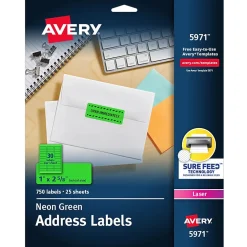 Avery Sure Feed Laser Address Labels, 1" x 2 5/8", Neon Green, 750 Labels/Pack (5971)