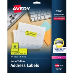 Avery Sure Feed Laser Address Labels, 1" x 2 5/8", Neon Yellow, 750 Labels/Pack (5972)