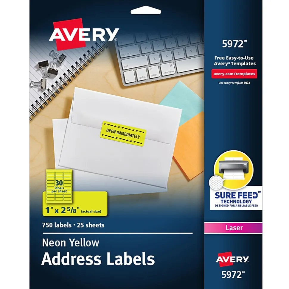 Avery Sure Feed Laser Address Labels, 1" x 2 5/8", Neon Yellow, 750 Labels/Pack (5972)