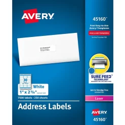 Avery Sure Feed Laser Address Labels, 1" x 2-5/8", White, 7,500 Labels/Box (45160)