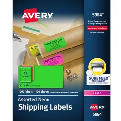 Avery Sure Feed Laser Shipping Labels, 2"x 4", Neon Assorted, 1,000 Labels/Box (5964)