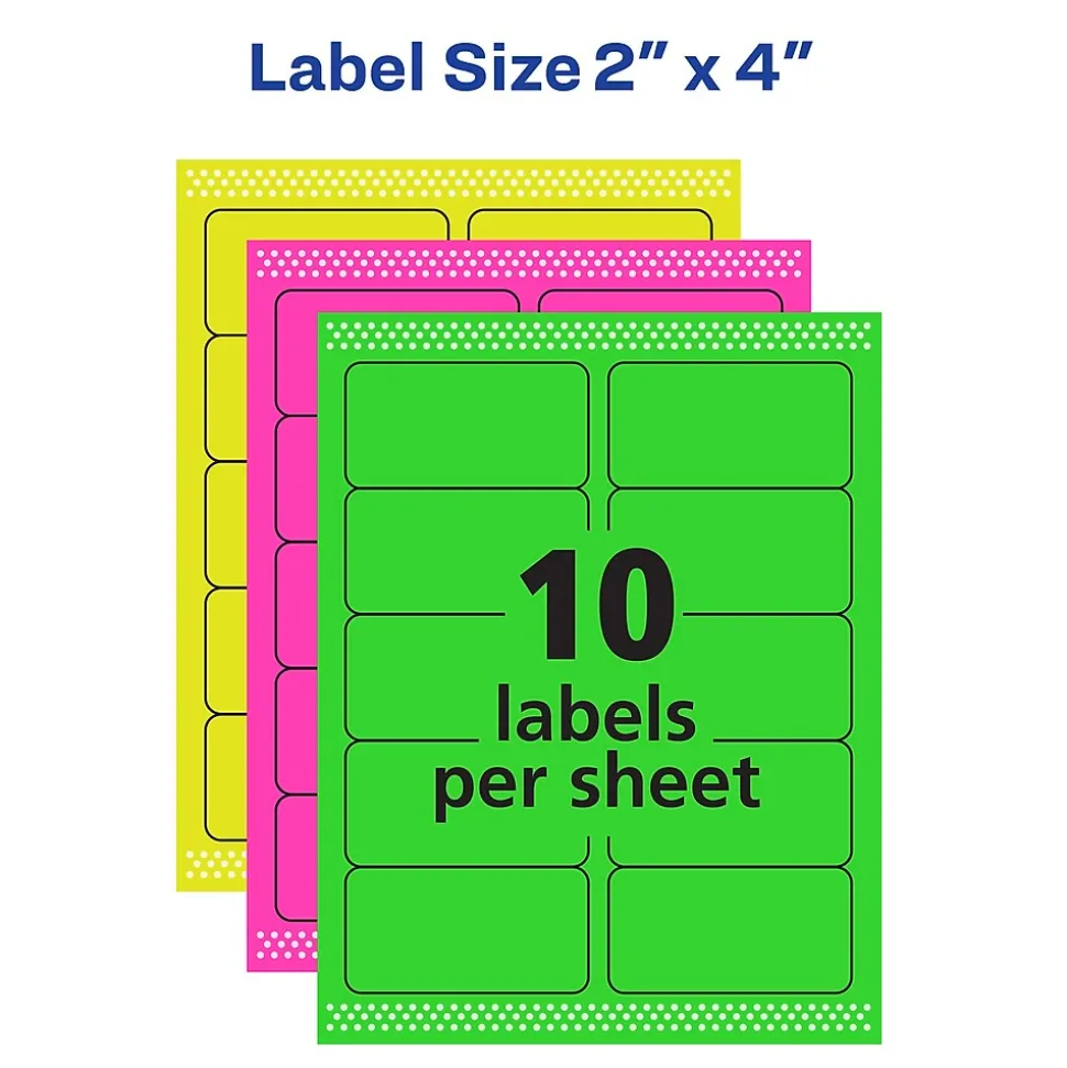 Avery Sure Feed Laser Shipping Labels, 2" x 4", Assorted Neon: Green, Pink, Yellow, 150 Labels/Pack (5978)