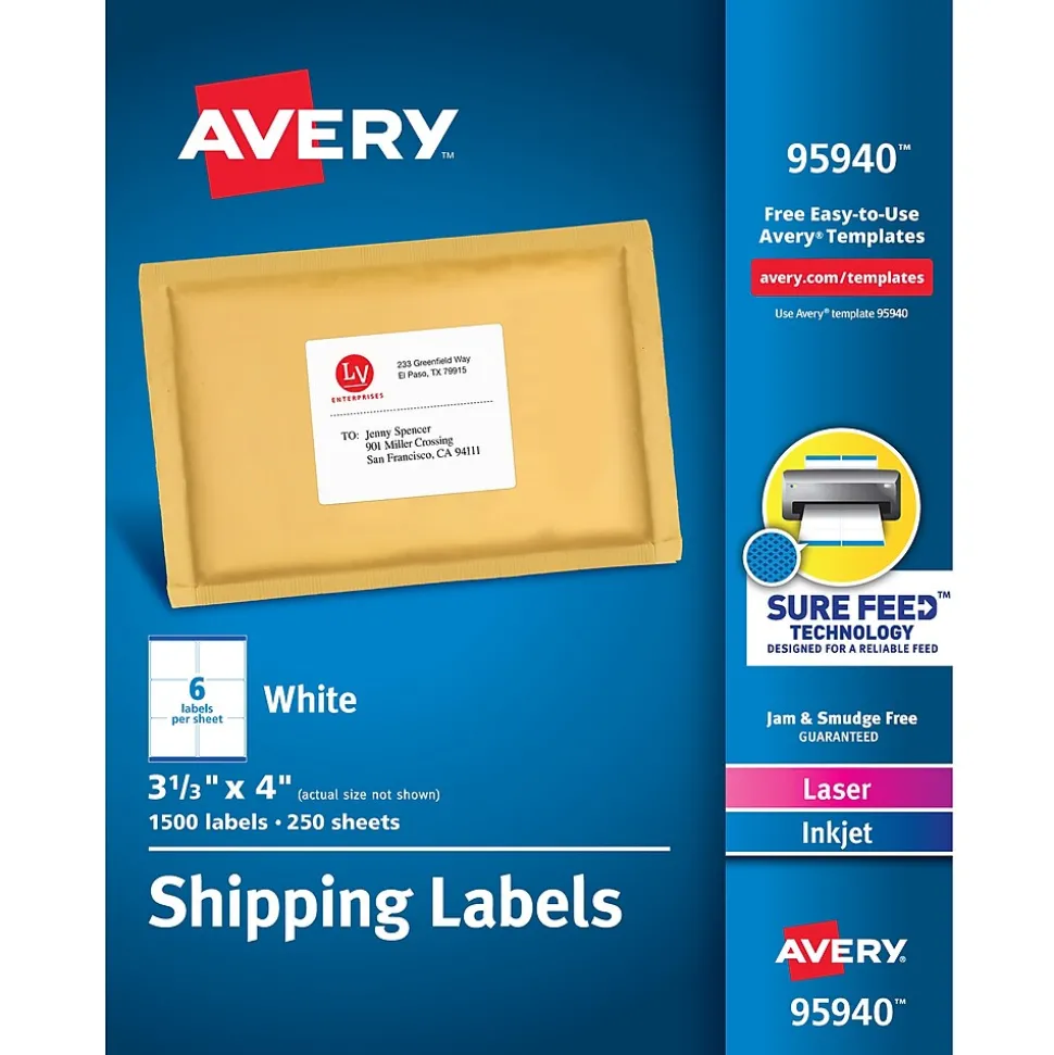 Avery Sure Feed Laser/Inkjet Shipping Labels, 3-1/3" x 4", White, 1,500 Labels/Box (95940)