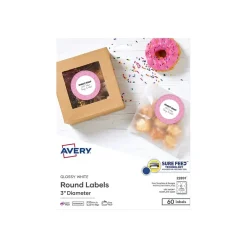 Avery Sure Feed Laser/Inkjet Round Labels, 3" Dia, Glossy White, 60 Labels/Pack (22891)