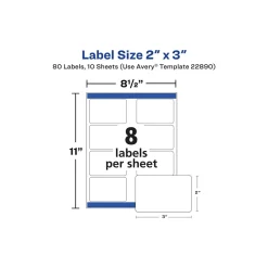 Avery Sure Feed Laser/Inkjet Rectangle Labels, 2" x 3", Glossy White, 80 Labels/Pack (22890)