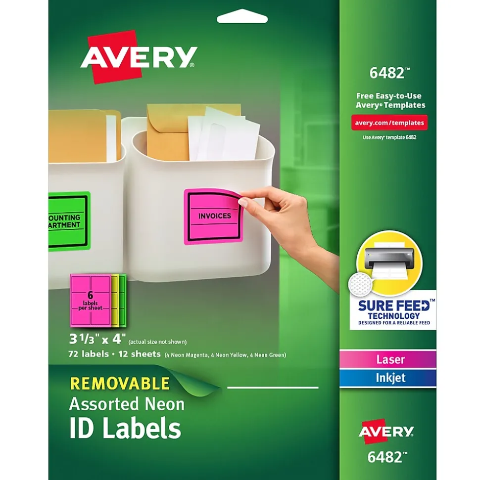 Avery Sure Feed Laser/Inkjet ID Labels, 3-1/3" x 4", Assorted Neon, 72 Labels/Pack (6482)