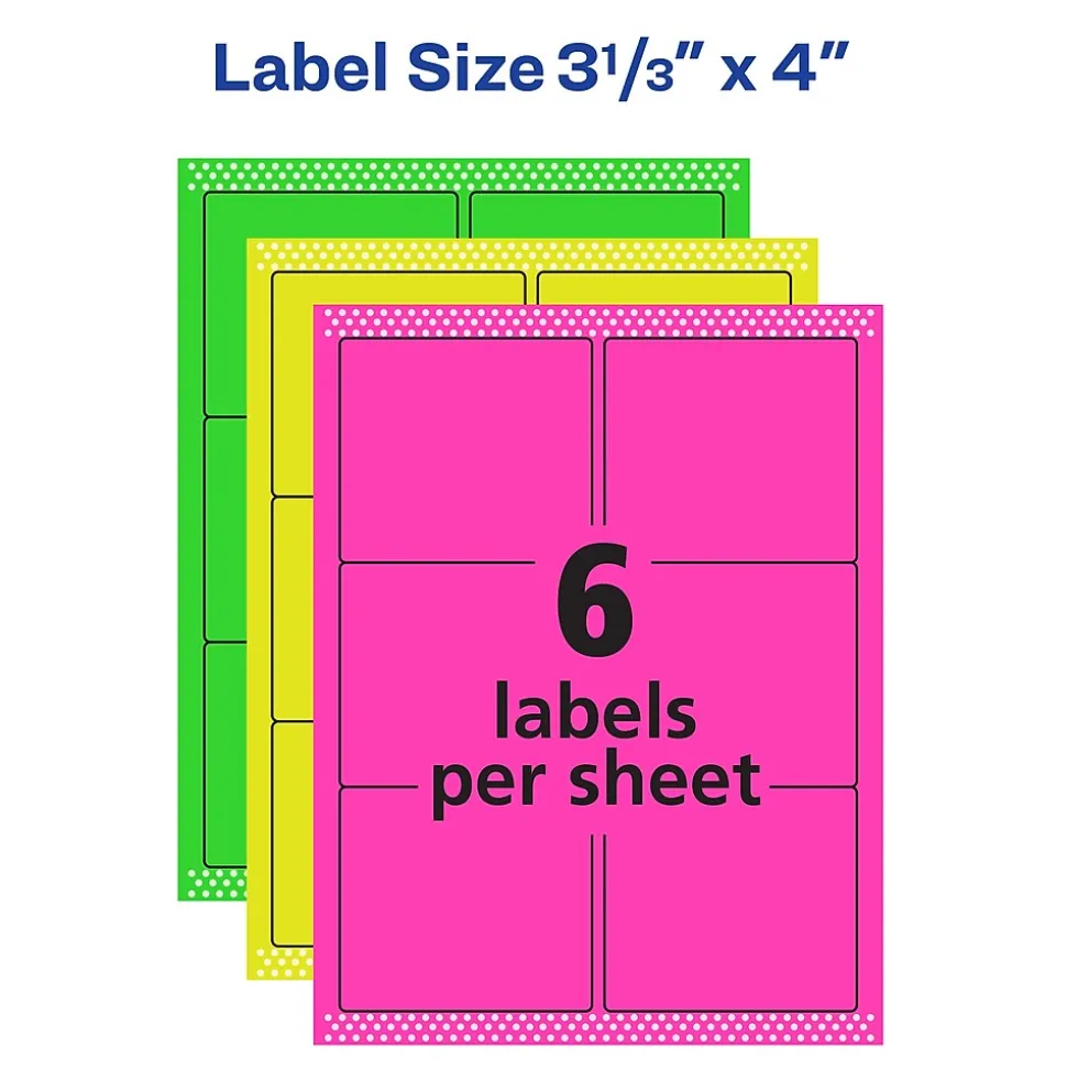 Avery Sure Feed Laser/Inkjet ID Labels, 3-1/3" x 4", Assorted Neon, 72 Labels/Pack (6482)