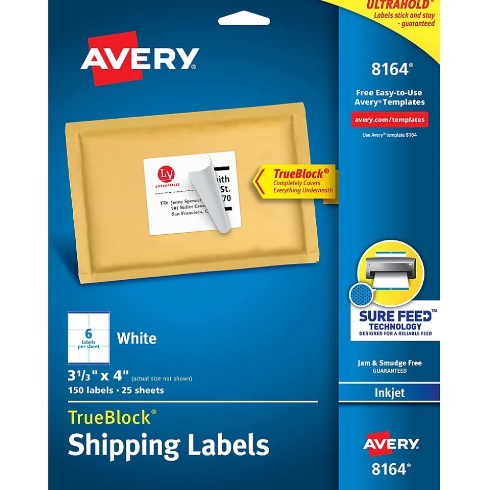 Avery TrueBlock Inkjet Shipping Labels, 3-1/3" x 4", White, 150 Labels/Pack (8164)