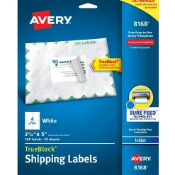 Avery TrueBlock Inkjet Shipping Labels, 3-1/2" x 5", White, 100 Labels/Pack (8168)