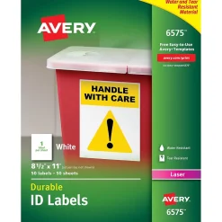 Avery TrueBlock Laser Durable ID Labels, 8-1/2" x 11", White, 50 Labels/Box (6575)