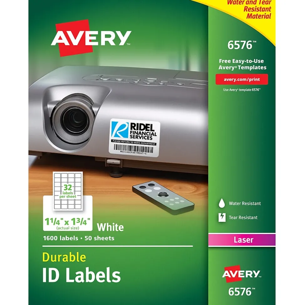 Avery TrueBlock Laser Durable ID Labels, 1-1/4" x 1-3/4", White, 1,600 Labels/Box (6576)
