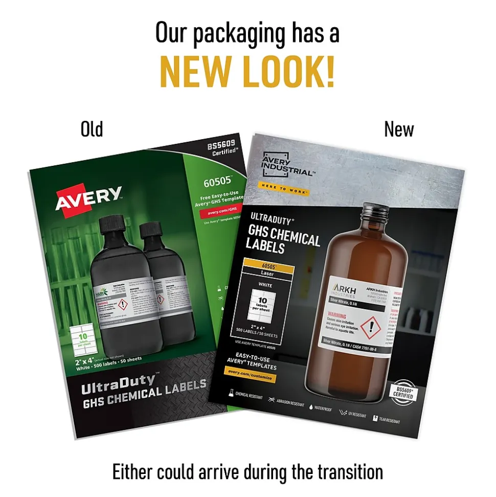 Avery UltraDuty Waterproof Laser GHS Chemical Labels, 2" x 4", White, 500 Labels/Box (60505)