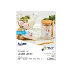 Avery Waterproof Laser/Pigment-Inkjet Square Labels, 2" x 2", Glossy White, 96 Labels/Pack (64510)