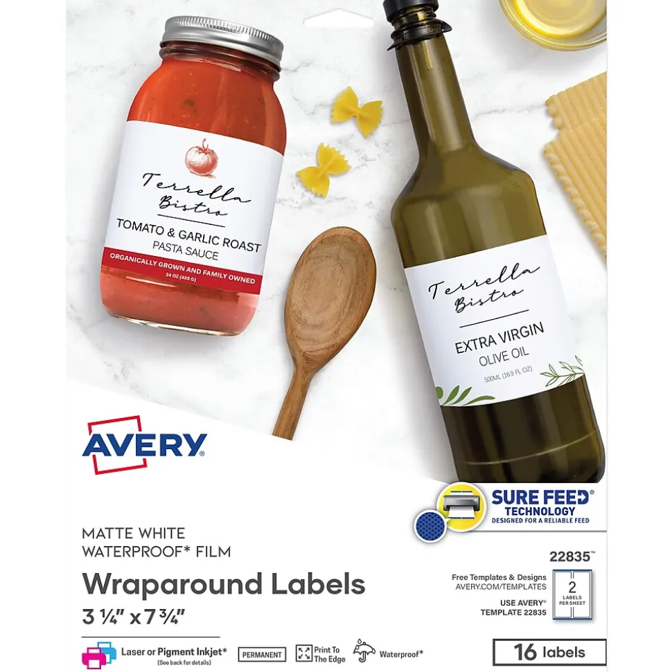 Avery Waterproof Wraparound Laser/Pigment-Inkjet Rectangle Labels, 3 1/4" x 7 3/4", White, 16 Labels/Pack (22835)