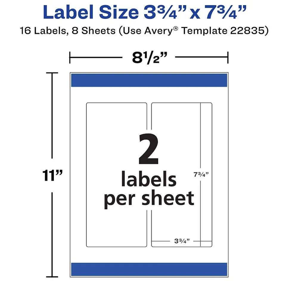 Avery Waterproof Wraparound Laser/Pigment-Inkjet Rectangle Labels, 3 1/4" x 7 3/4", White, 16 Labels/Pack (22835)