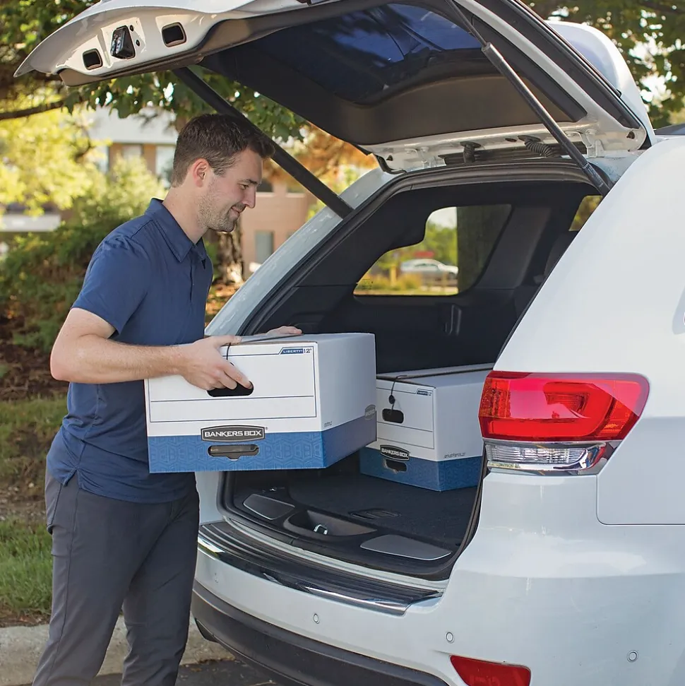 Bankers Box Heavy-Duty Corrugated File Storage Boxes, String & Button, Legal Size, White/Blue, 12/Carton (00012)