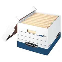 Bankers Box Heavy-Duty FastFold File Storage Boxes, Lift-Off Lid, Letter/Legal Size, White/Blue, 12/Carton (00709)