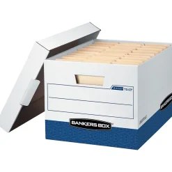 Bankers Box R-Kive Heavy Duty 60% Recycled FastFold Corrugated File Box Lift Off Lid, Letter/Legal Size, White/Blue, 20/Carton