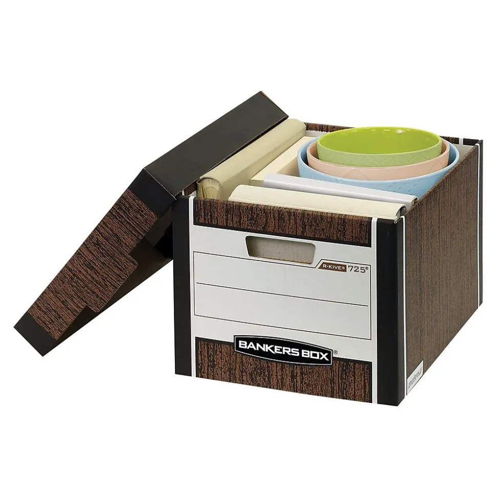 Bankers Box R-Kive® Heavy-Duty FastFold File Storage Boxes, Lift-Off Lid, Letter/Legal Size, Woodgrain, 12/Carton (00725)