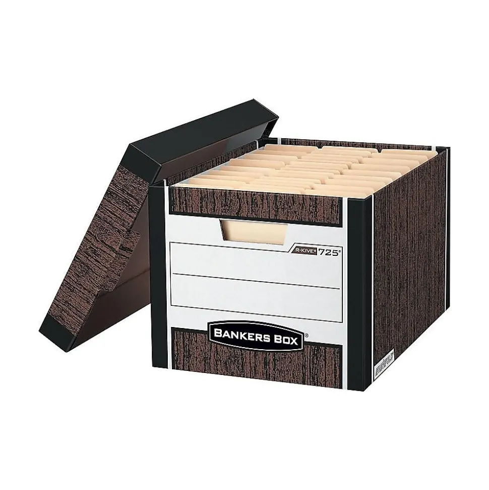 Bankers Box R-Kive® Heavy-Duty FastFold File Storage Boxes, Lift-Off Lid, Letter/Legal Size, Woodgrain, 4/Pack (0072506)