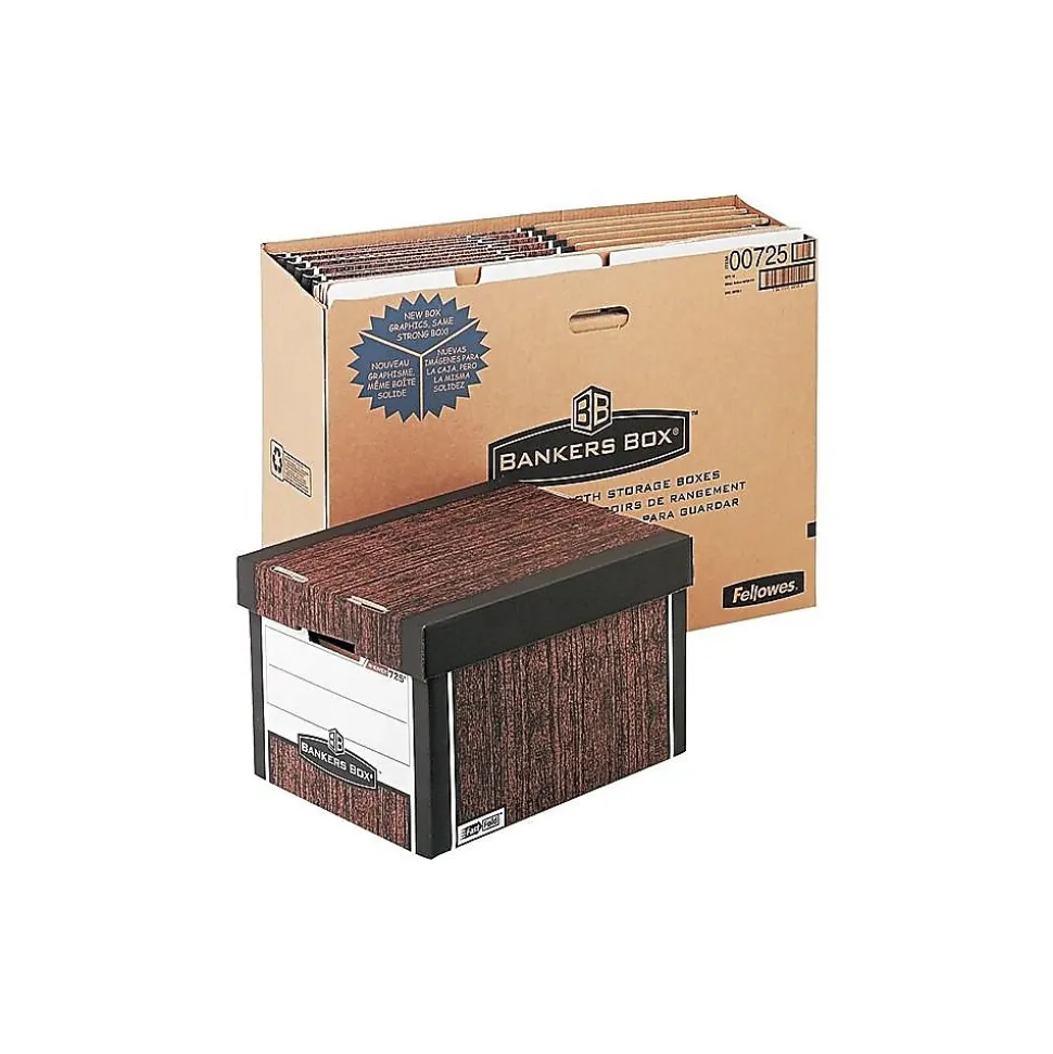 Bankers Box R-Kive® Heavy-Duty FastFold File Storage Boxes, Lift-Off Lid, Letter/Legal Size, Woodgrain, 4/Pack (0072506)