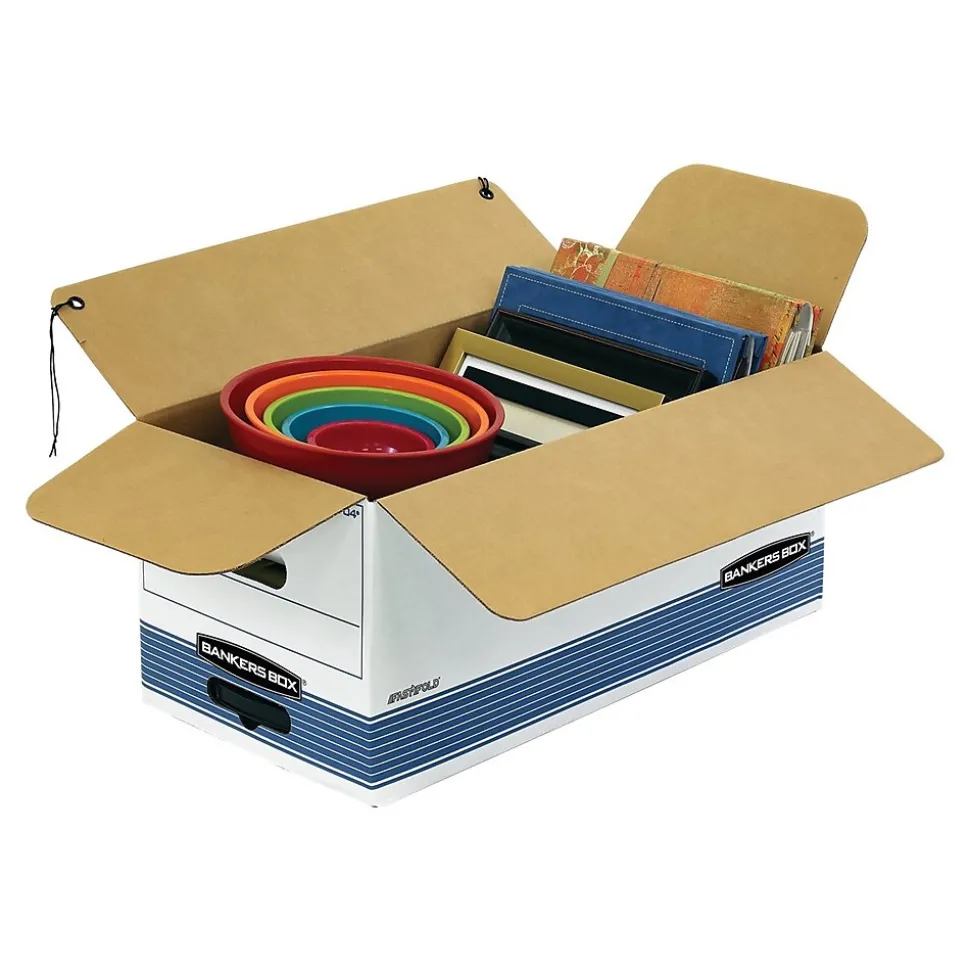 Bankers Box Stor/File Medium-Duty FastFold File Storage Boxes, String & Button, Letter Size, White/Blue, 12/Carton (00704)