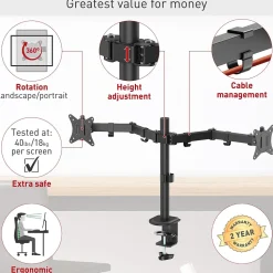Barkan Adjustable Dual Arms, Up to 32" Monitor, Black (M142T)