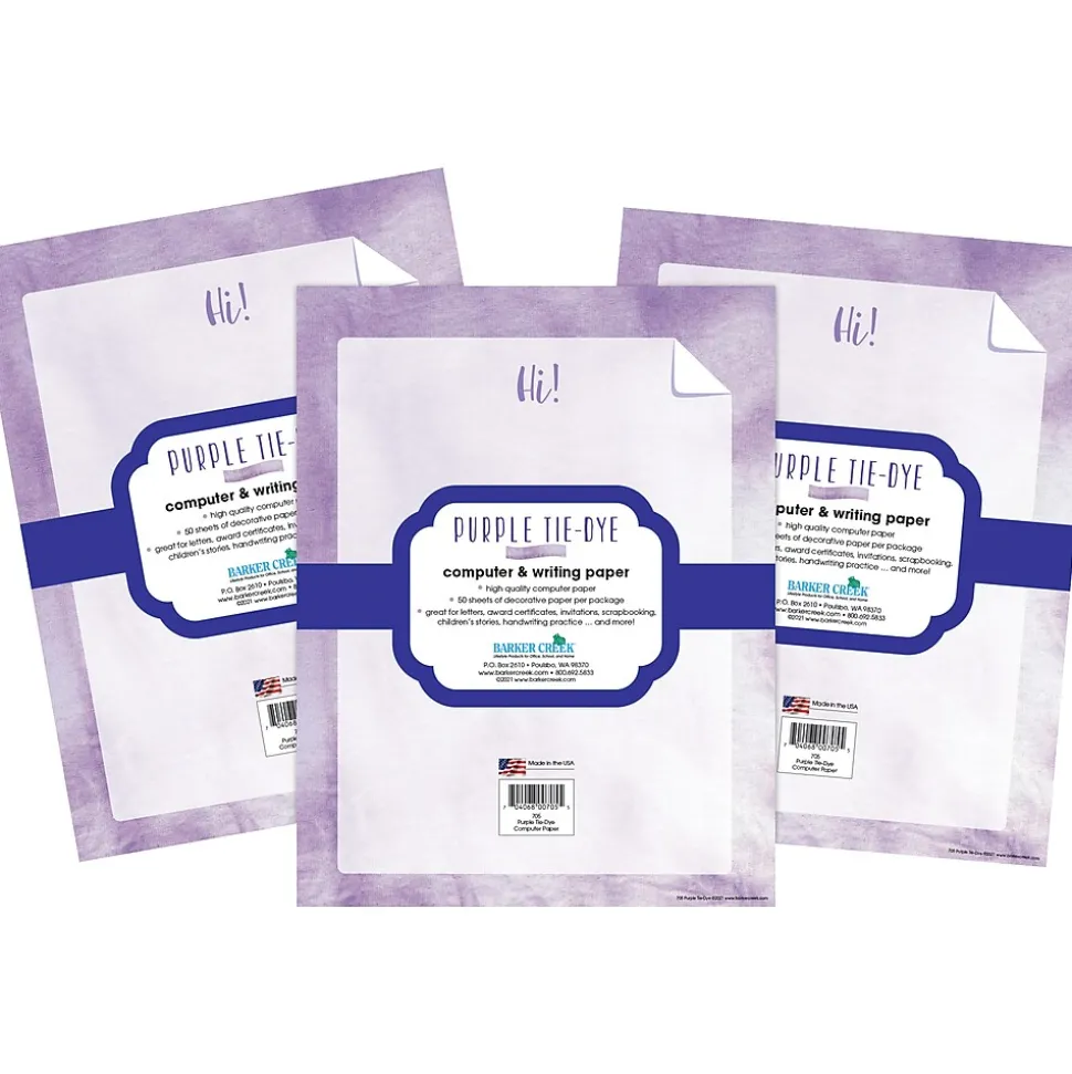 Barker Creek 8.5" x 11" Tie-Dye Purple Computer Paper Pack, 150 Sheets/Set (4342)