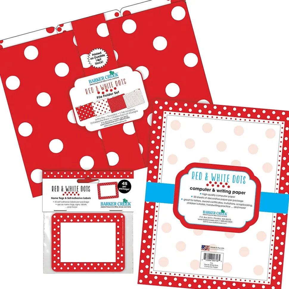 Barker Creek Get Organized File Folder Set, 1/3-Cut Tab, Letter Size, Red & White Dot, 107/Set (159)