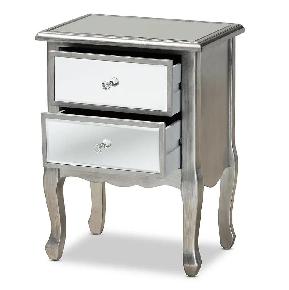 Baxton Studio Leonie 24.21" High 2-Drawer Nightstand, Silver and Mirror (162-10266-HiT)