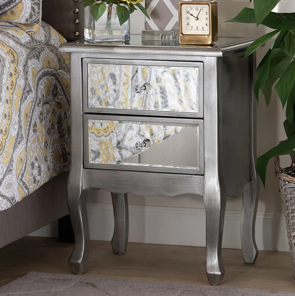 Baxton Studio Leonie 24.21" High 2-Drawer Nightstand, Silver and Mirror (162-10266-HiT)