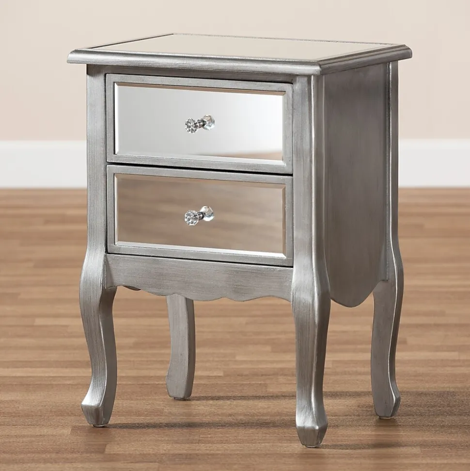 Baxton Studio Leonie 24.21" High 2-Drawer Nightstand, Silver and Mirror (162-10266-HiT)