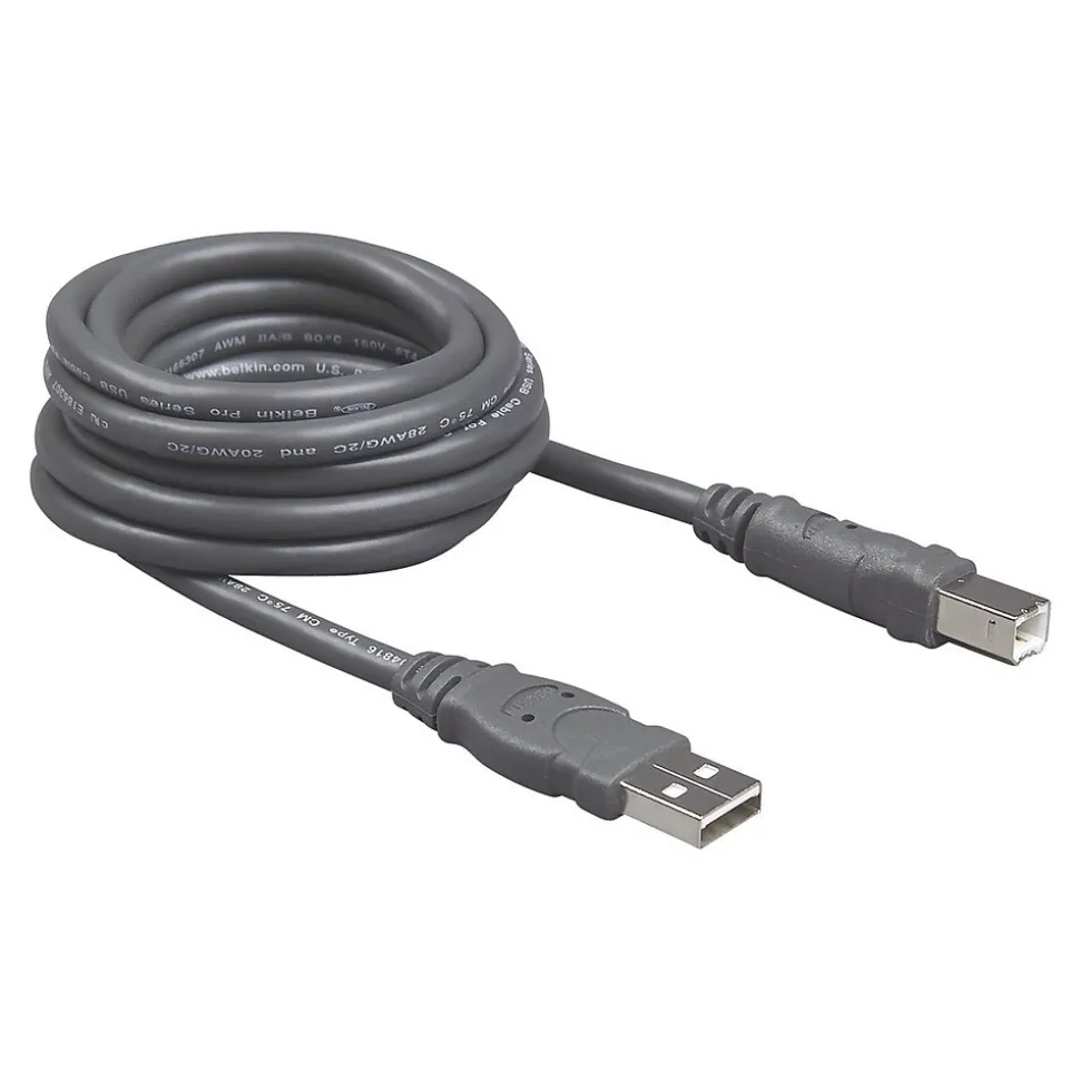 Belkin 10' USB A to USB B Cable, Male to Male, Gray/Silver (F3U133B10)