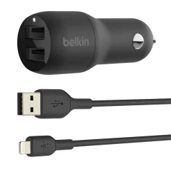 Belkin BOOST CHARGE Dual USB-A Car Charger, 24W + USB-A to Lightning Cable, Black