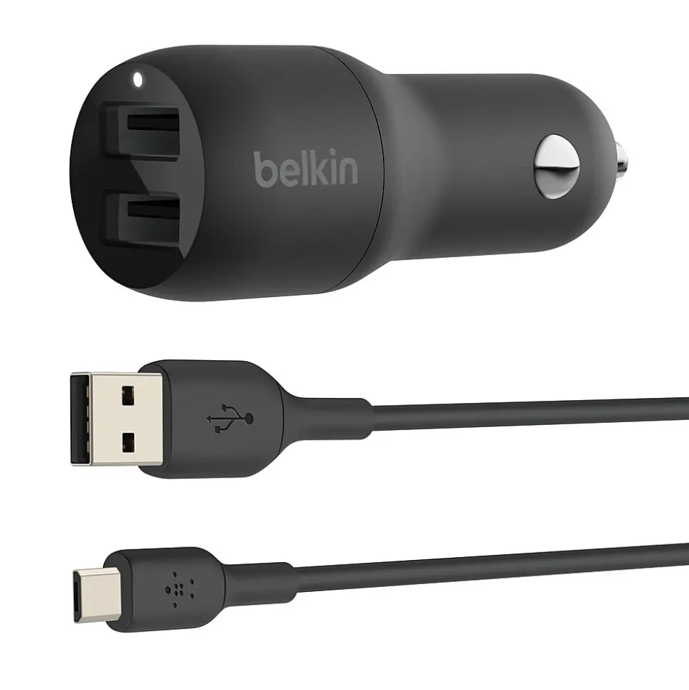 Belkin BOOST CHARGE Dual USB-A Car Charger 24 W + USB-A to Micro-USB Cable, Black