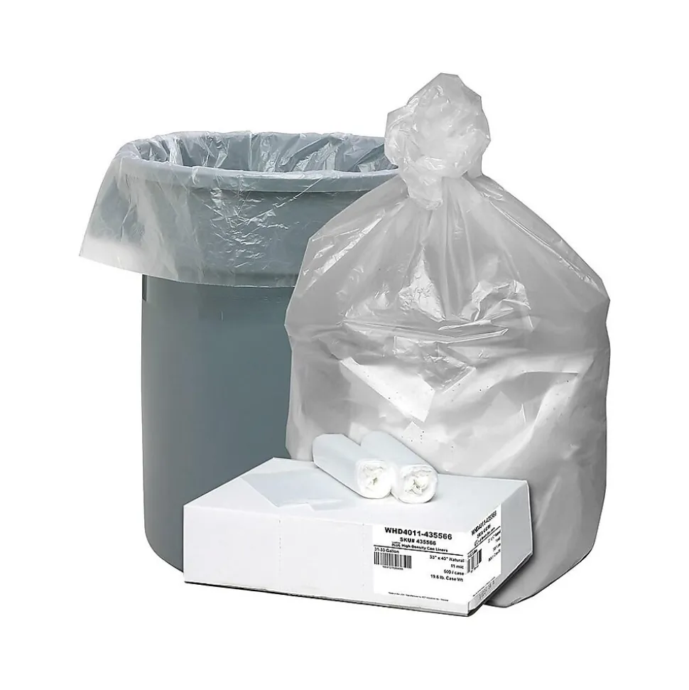 Berry Global Ultra Plus 33 Gallon Industrial Trash Bag, 33" x 40", High Density, 11 mic, Natural, 500 Bags/Box (WHD4011-435566)