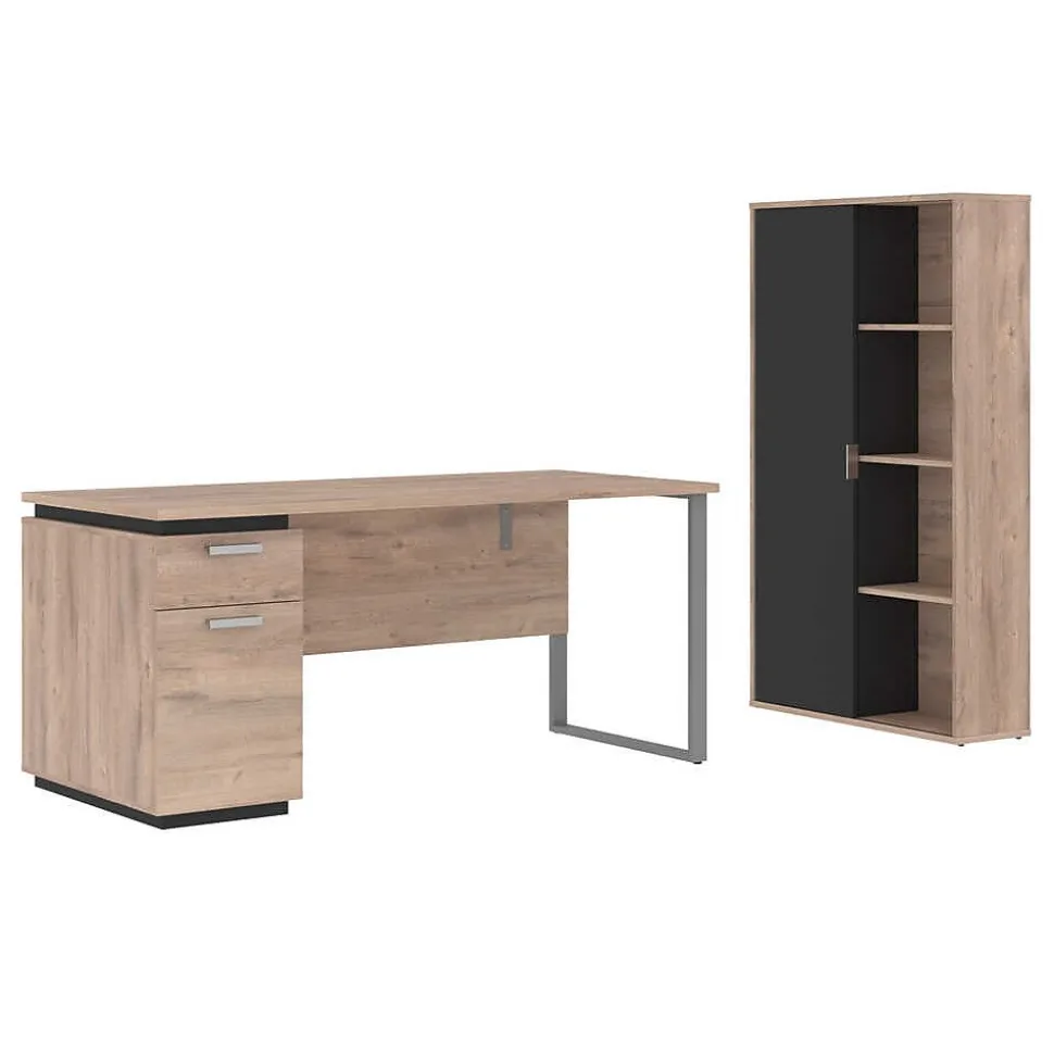 Bestar Aquarius 66" Computer Desk with Single Pedestal and Storage Cabinet, Rustic Brown/Graphite (114850-000009)