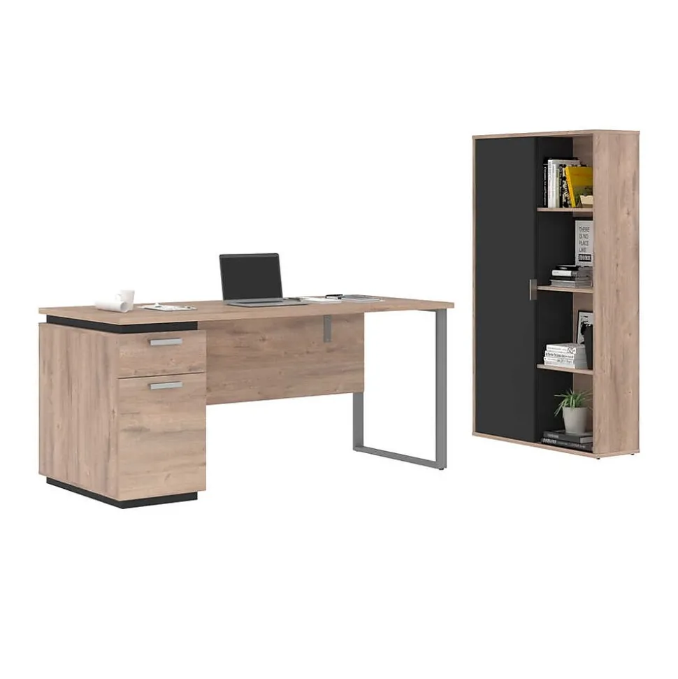 Bestar Aquarius 66" Computer Desk with Single Pedestal and Storage Cabinet, Rustic Brown/Graphite (114850-000009)