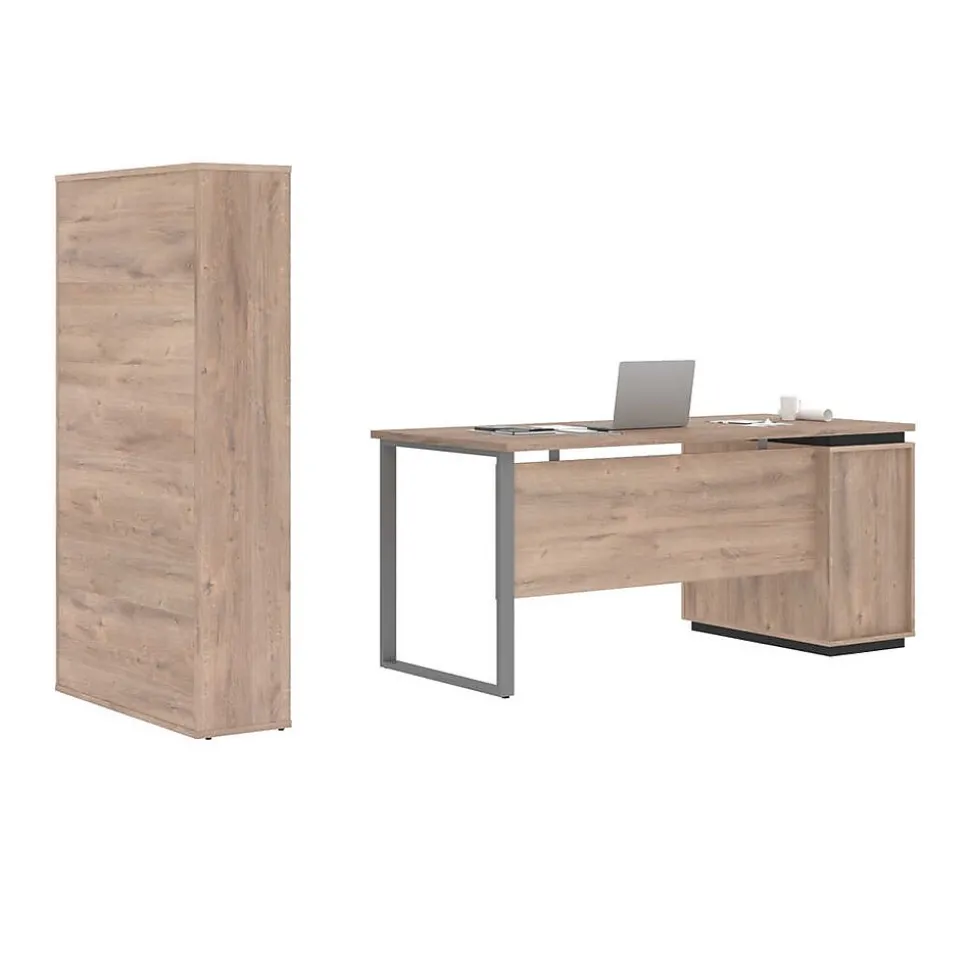 Bestar Aquarius 66" Computer Desk with Single Pedestal and Storage Cabinet, Rustic Brown/Graphite (114850-000009)