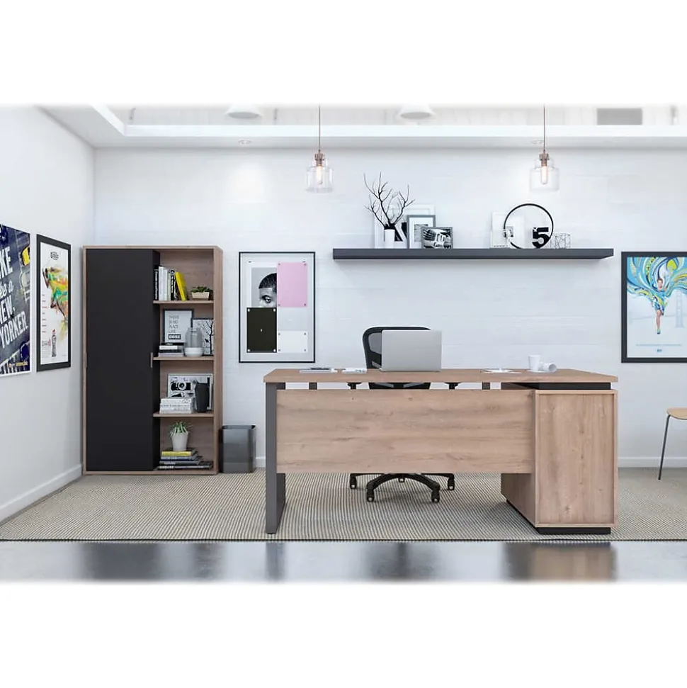 Bestar Aquarius 66" Computer Desk with Single Pedestal and Storage Cabinet, Rustic Brown/Graphite (114850-000009)