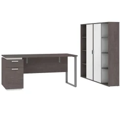 Bestar Aquarius 66" Computer Desk with Single Pedestal and 2 Storage Cabinets, Bark Grey/White (114851-000047)