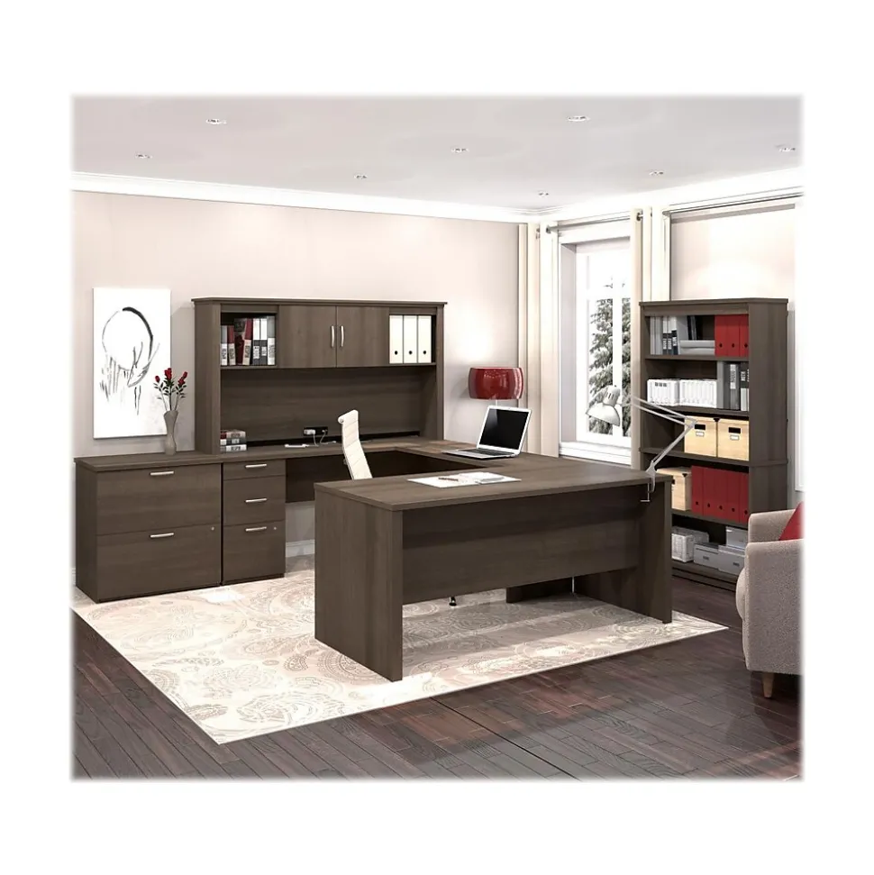 Bestar Logan 66" U-Shaped Executive Desk with Hutch, Lateral File Cabinet, and Bookcase, Antigua (46851-52)
