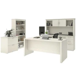 Bestar Logan 66" U-Shaped Executive Desk with Hutch, Lateral File Cabinet, and Bookcase, White Chocolate (46851-31)