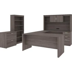 Bestar Logan 66" U-Shaped Executive Desk with Hutch, Lateral File Cabinet, and Bookcase, Bark Grey (46851-47)