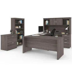 Bestar Logan 66" U-Shaped Executive Desk with Hutch, Lateral File Cabinet, and Bookcase, Bark Grey (46851-47)