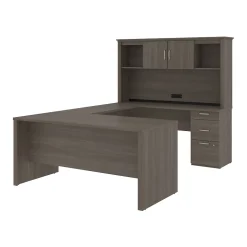 Bestar Logan 66"W U or L-Shaped Executive Office Desk with Pedestal and Hutch, Bark Grey (46410-47)