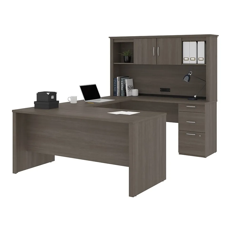 Bestar Logan 66"W U or L-Shaped Executive Office Desk with Pedestal and Hutch, Bark Grey (46410-47)