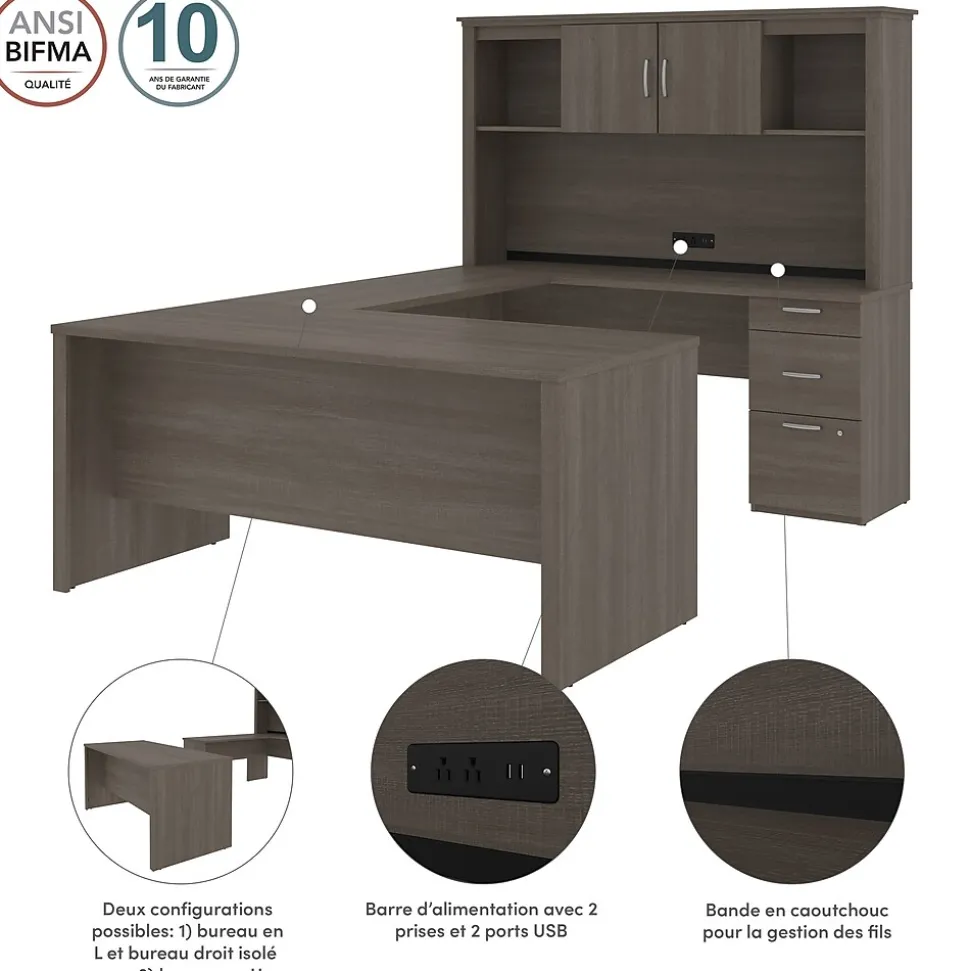 Bestar Logan 66"W U or L-Shaped Executive Office Desk with Pedestal and Hutch, Bark Grey (46410-47)